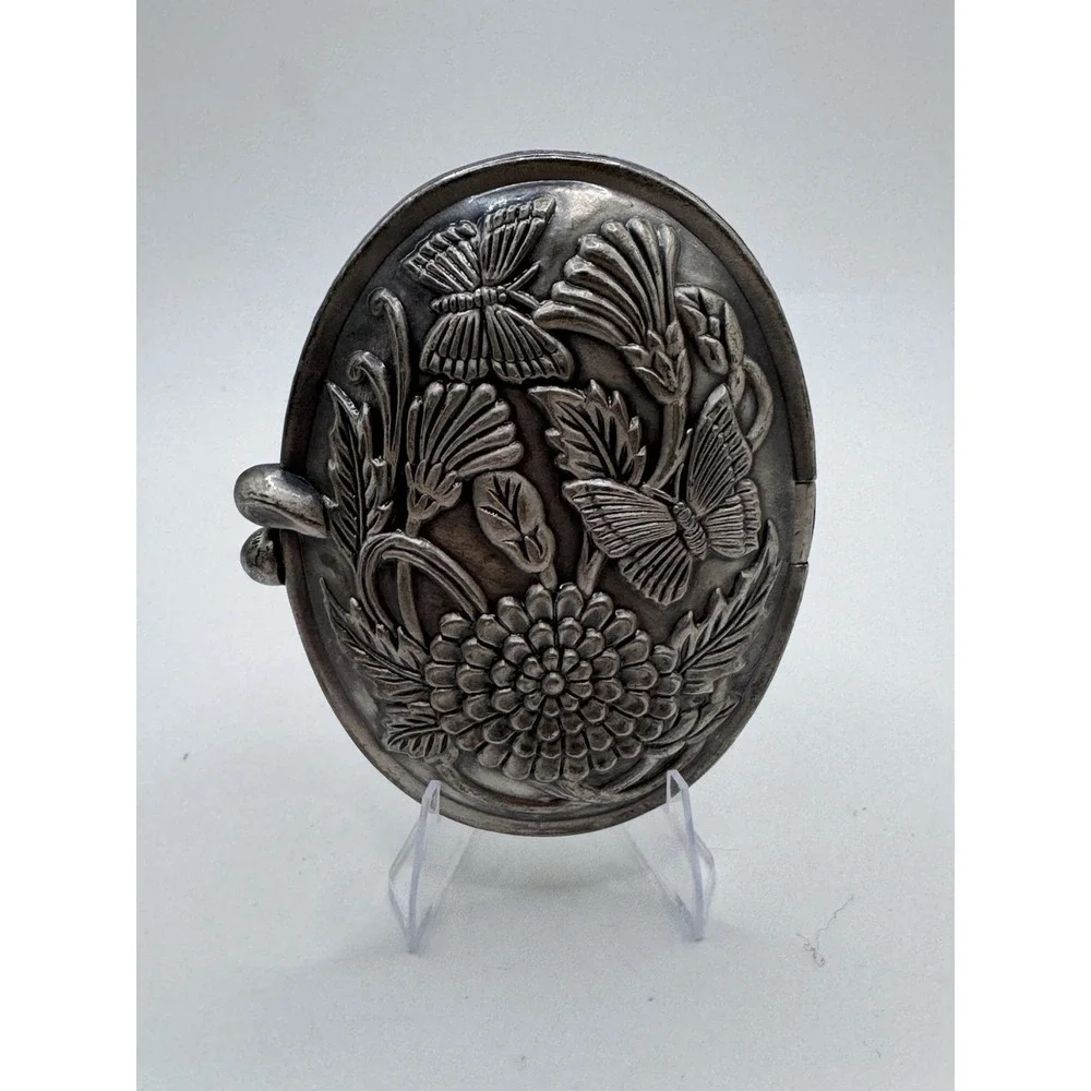 Vintage Oval Butterflies Flowers Embossed Pewter Mirrored Ornate Picture Clamp